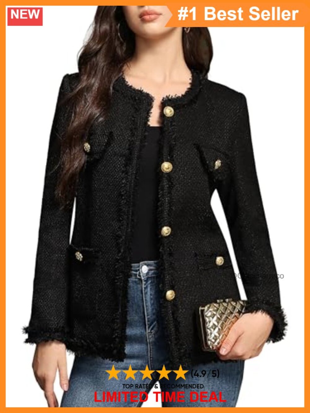 Women's Tweed Blazer Collarless Long Sleeve Metal Button Pockets